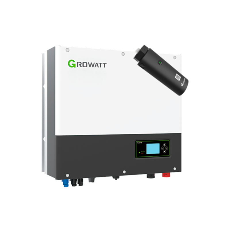 Et wifi-modul, samt en Growatt SPH 6000TL3 BH-UP Hybrid inverter, der omdanner strømmen fra solcellerne til grøn energi