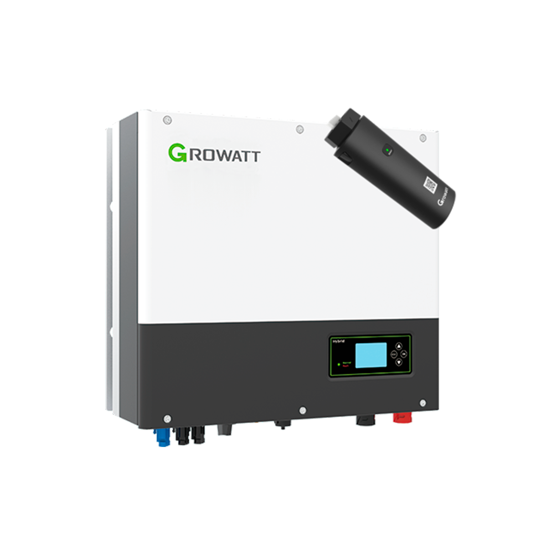 Et wifi-modul, samt en Growatt SPH 8000TL3 BH-UP Hybrid inverter, der omdanner strømmen fra solcellerne til grøn energi