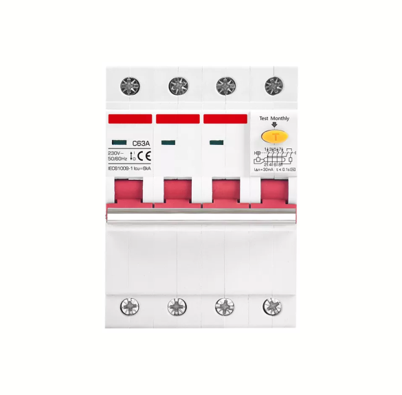 En lovpligtig RCD/RCBO beskyttelse til inverter 4P 16A 300mA klasse A 72 mm, der beskytter slutkredsløbet mod kortslutning, overbelastning og isolationsfejl