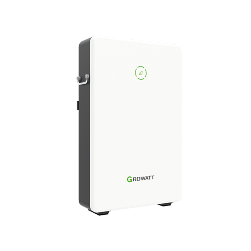 Et Growatt GBLI6532 lithium batteri på 6,5kWh, vist så man kan se både fronten fronten og siden af modulet