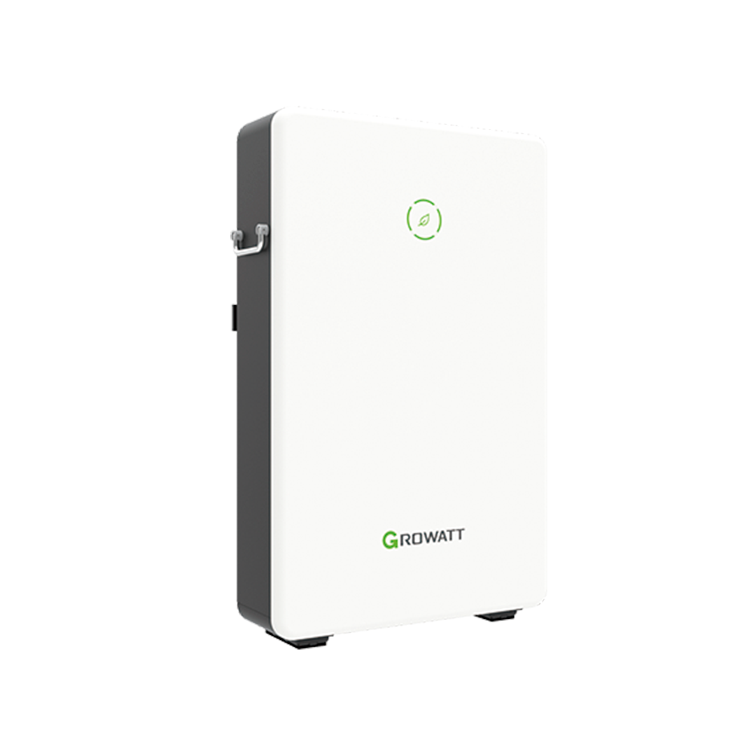 Et Growatt GBLI6532 lithium batteri på 6,5kWh, vist så man kan se både fronten fronten og siden af modulet