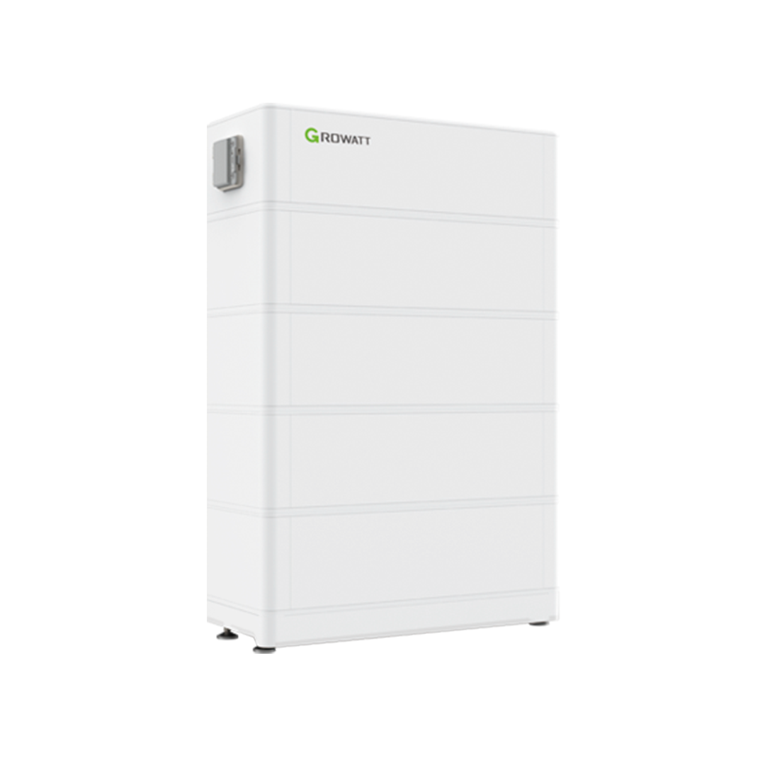 Et Growatt High Voltage ARK batterimodul vist så man kan se fronten og siden af batteriet