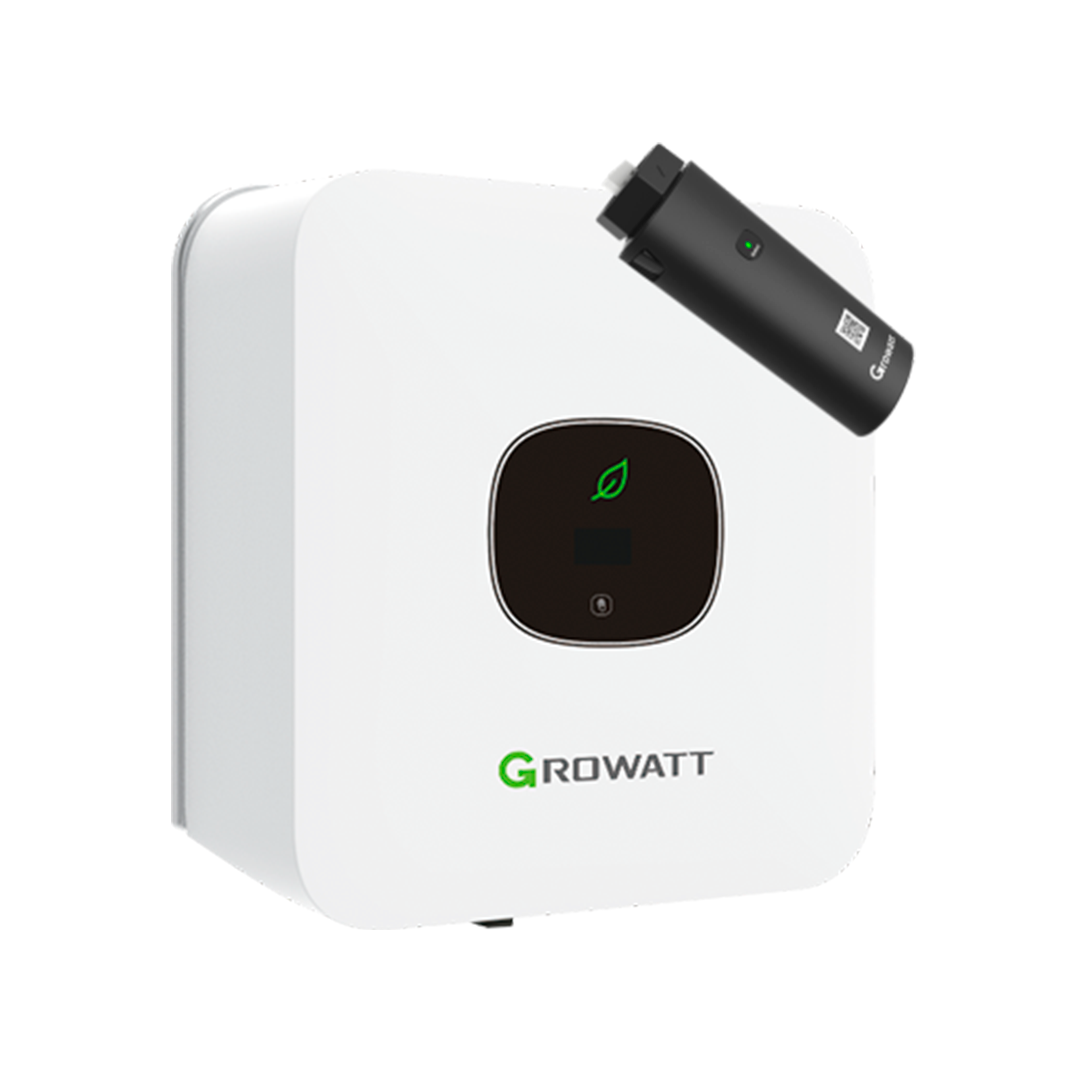 Et wifi-modul, samt en Growatt MIC 3000TL-XE inverter, der omdanner strømmen fra solcellerne til grøn energi