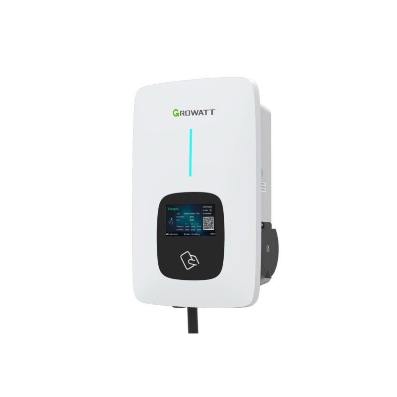En Growatt THOR 22 AS-S smart elbil lader med integreret WIFI, der kan justere hvor hurtigt elbilen lades med strømmen fra solcelleanlægget