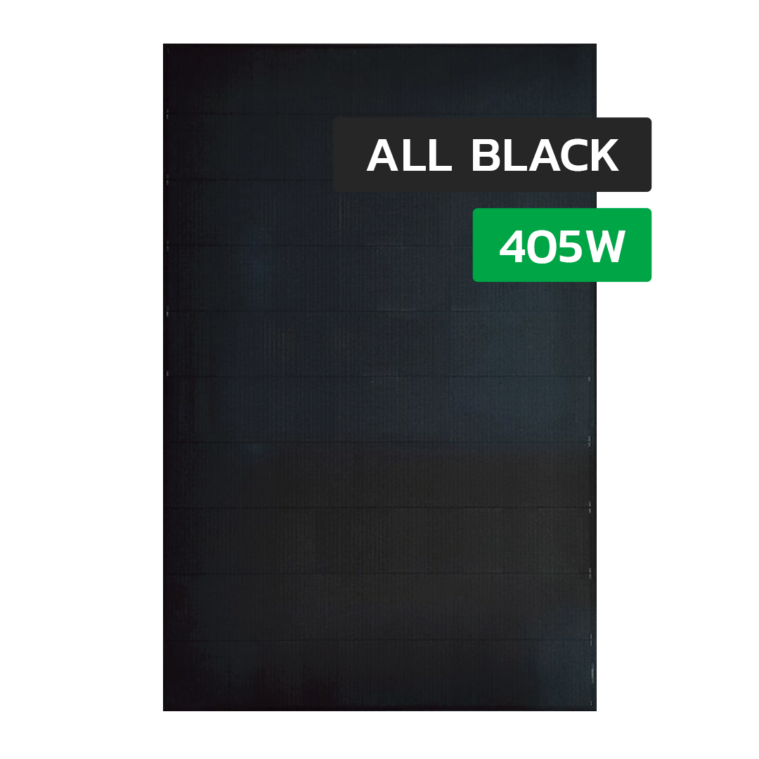 Et 405w all black LONGI HI-MO solcellepanel i fuld størrelse vist fra fronten