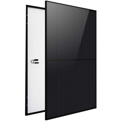 To 405w all black LONGi Hi-MO solcellepanel i fuld størrelse vist så man kan se front og bagsiden på en gang