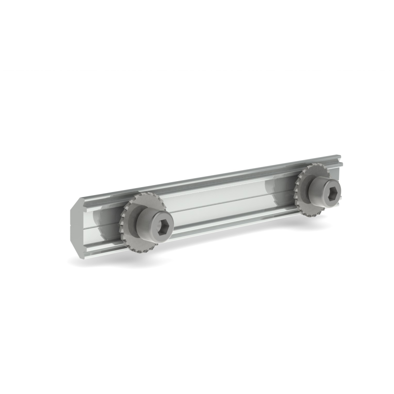 En koblingsstykke i aluminium fra Rasol, der bruges til at forbinde skinner til den ønskede montering