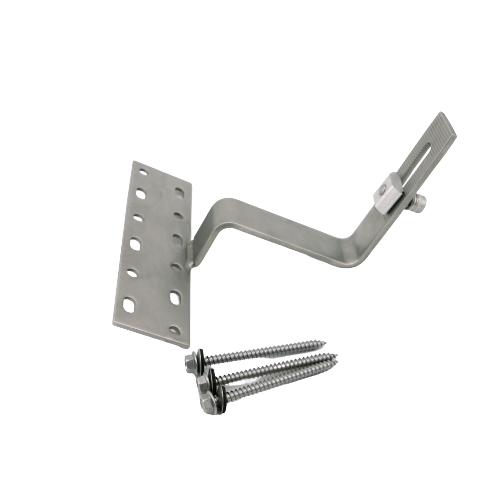 En rustfri tagkrog i aluminium fra Rasol med tilhørende skruer til montering af aluminiums profil på tegltag