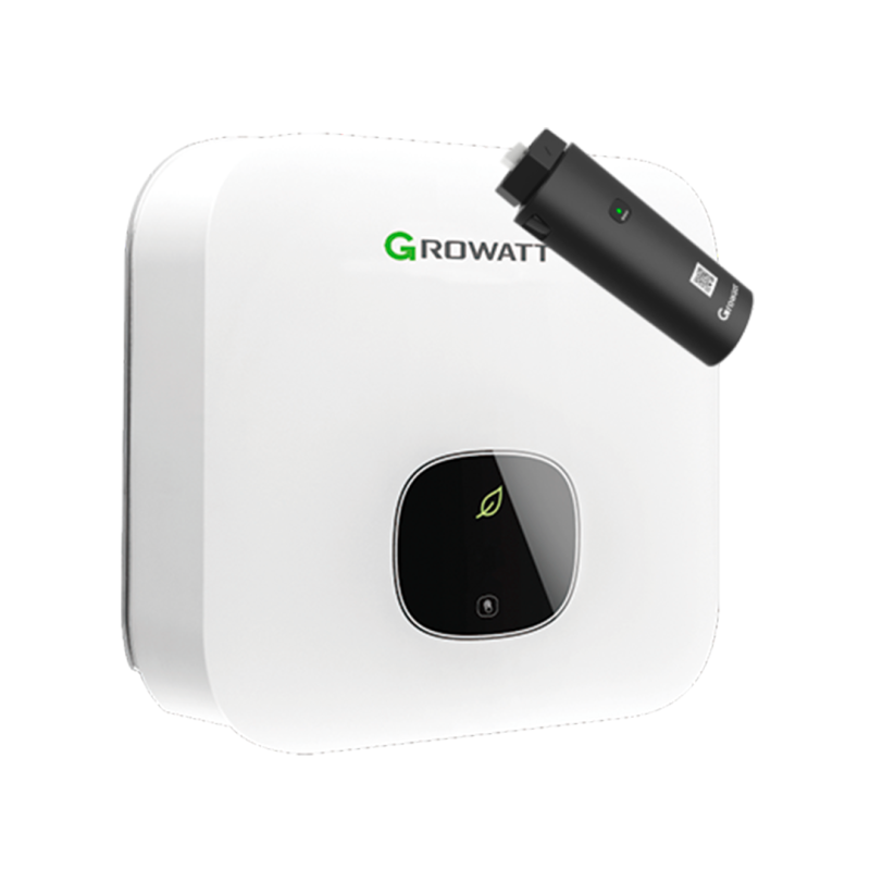 Et wifi-modul, samt en Growatt MIN 3000TL-XH Hybrid, der omdanner strømmen fra solcellerne til grøn energi