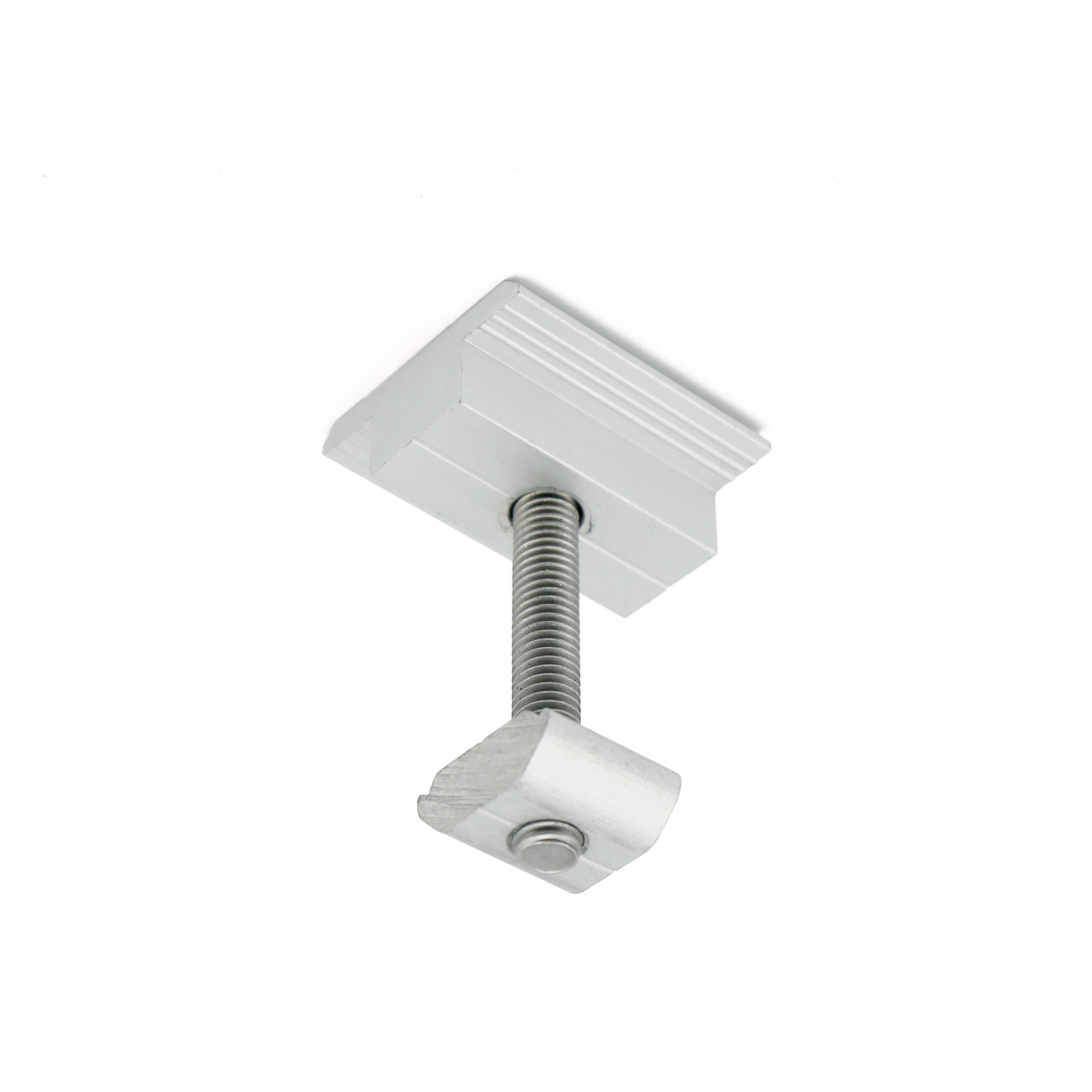 En hvid mellemklemme fra Rasol i aluminum med en spændevidde på 30-35mm, til at fastgørelse af modul på aluminiumsprofil