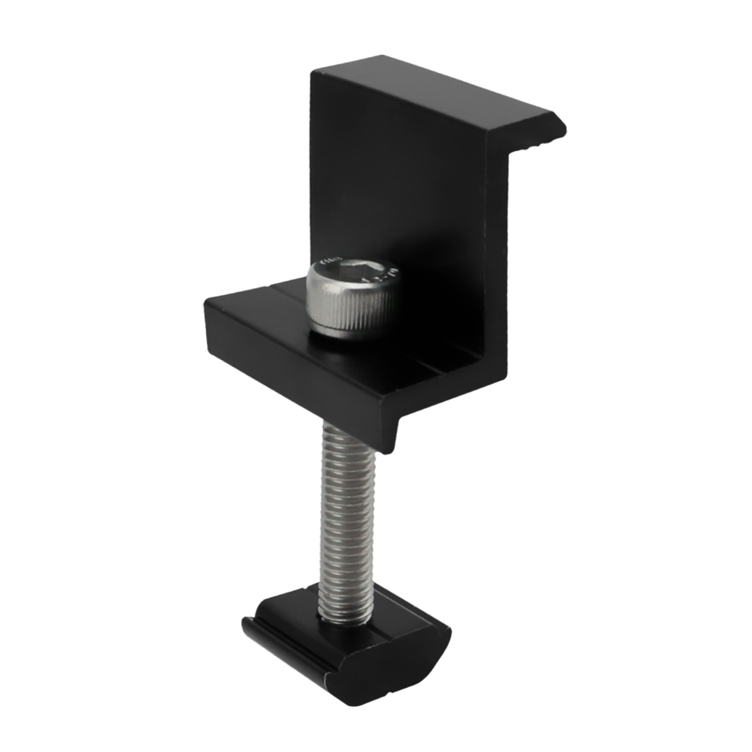 En sort, rustfri endeklemme af aluminium fra Rasol med en spændevidde på 30-35mm, der bruges til at fastgøre moduler